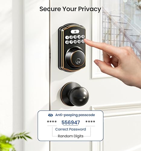 Miniatura 7 de Veise Cerradura de puerta de entrada sin llave con 2 perillas, cerrojo electrónico retroiluminado con asa, bloqueo automático, códigos únicos,