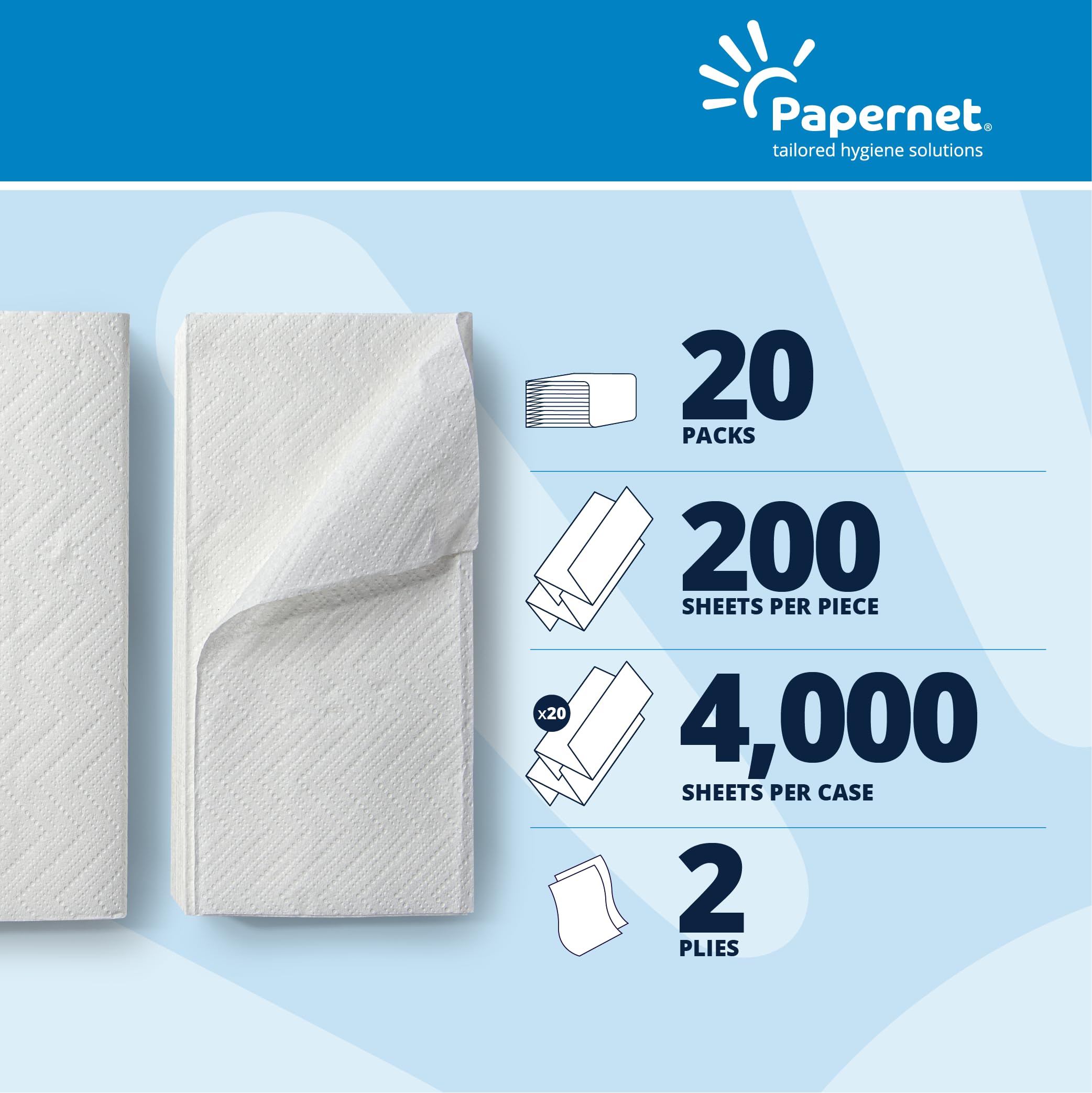 Papernet Asciugamano Piegato Z 416601 | Asciugamani di carta 2 veli | Compatibile con Dispenser Antibatterici C/Z 416159, 416152, 416148 | 20 confezioni per 200 strappi da 24x20 cm