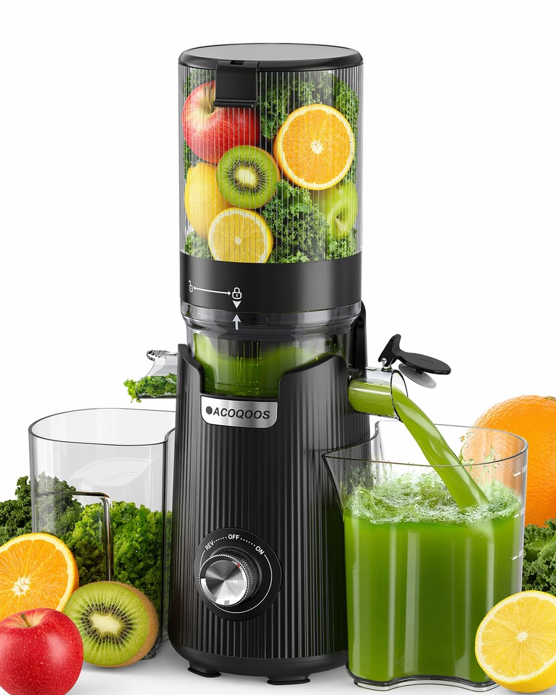 ACOQOOS Extractor de Zumos y Verduras con Tubo de Alimentación Ancho de 132 MM y Capacidad de 1,75 L, Licuadora Prensado en Frio para Frutas y Verduras Enteras, Negro