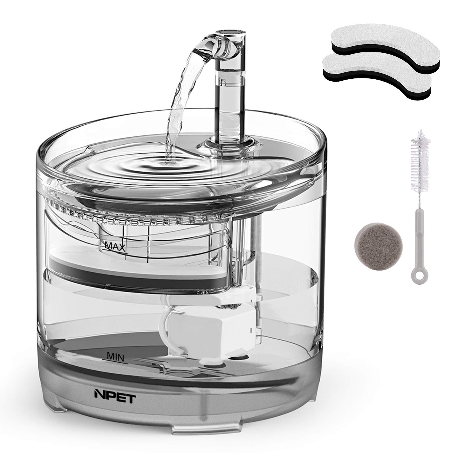 NPET Fontanella per Gatti e Cani, Rubinetto Fontanella Trasparente con Pompa Super Silenziosa, Fontana per Gatti con 2 Filtro a Carbone Attivo, Capacità 1,5 L WF050TP