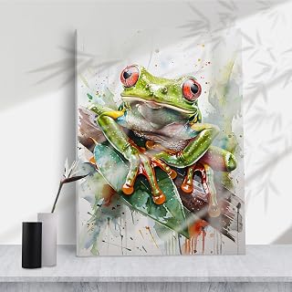 Red-Eyed Tree Frog Canvas Wall Art,Vibrant Tropical Watercolor Print Stretched for Nature Home Decor,16''x22'' Framed Modern Canvas Wall Art