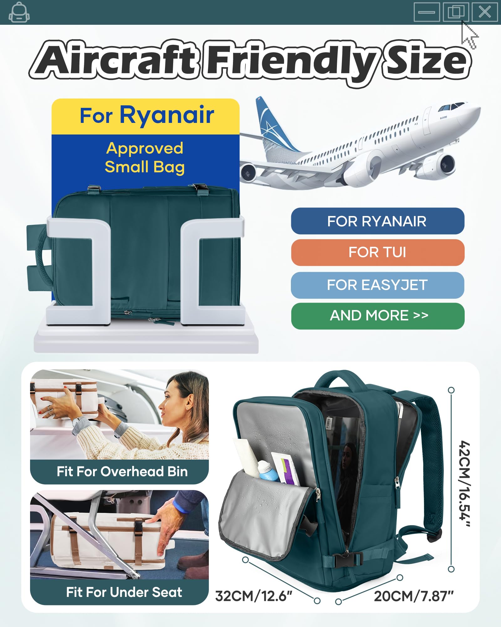 SZLX Zaino Ryanair 40x30x20 Sottovuoto Zaino da Viaggio 40x30x20 Wizzair Donna da escursionismo sportivo impermeabile Zaino Casual Laptop da 14 Pollici con porta di ricarica USB Scomparto per Scarpe
