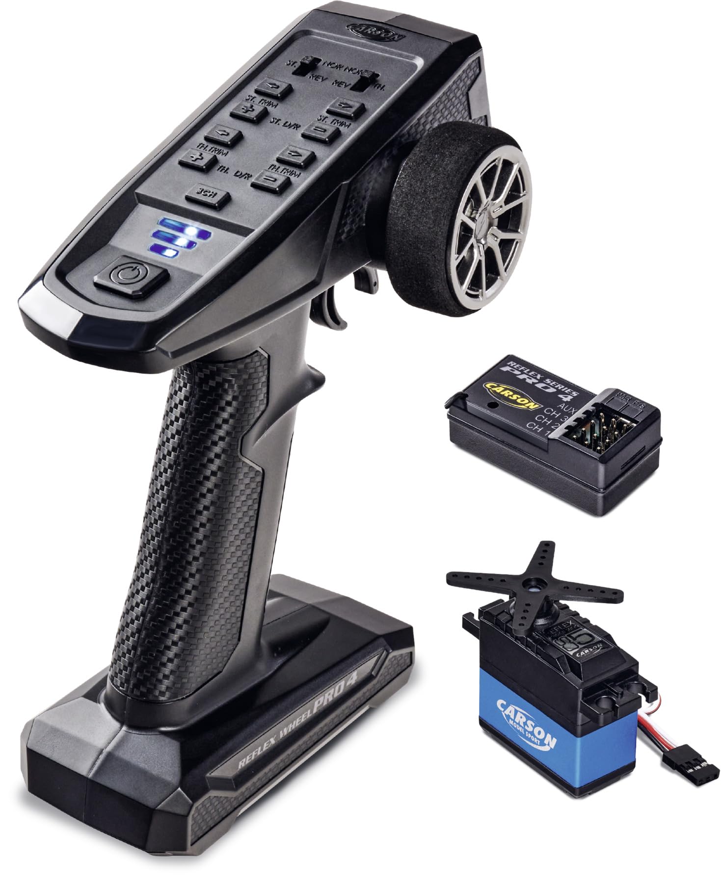 Carson 500500111 FS 3K Reflex Wheel Pro 4 2.4GHz + 5Kg Servo - Télécommande Modélisme, Accessoires, Récepteur, RC Funke, 2 4 GHz Télécommande, Fonction Trim, Noir/Blanc