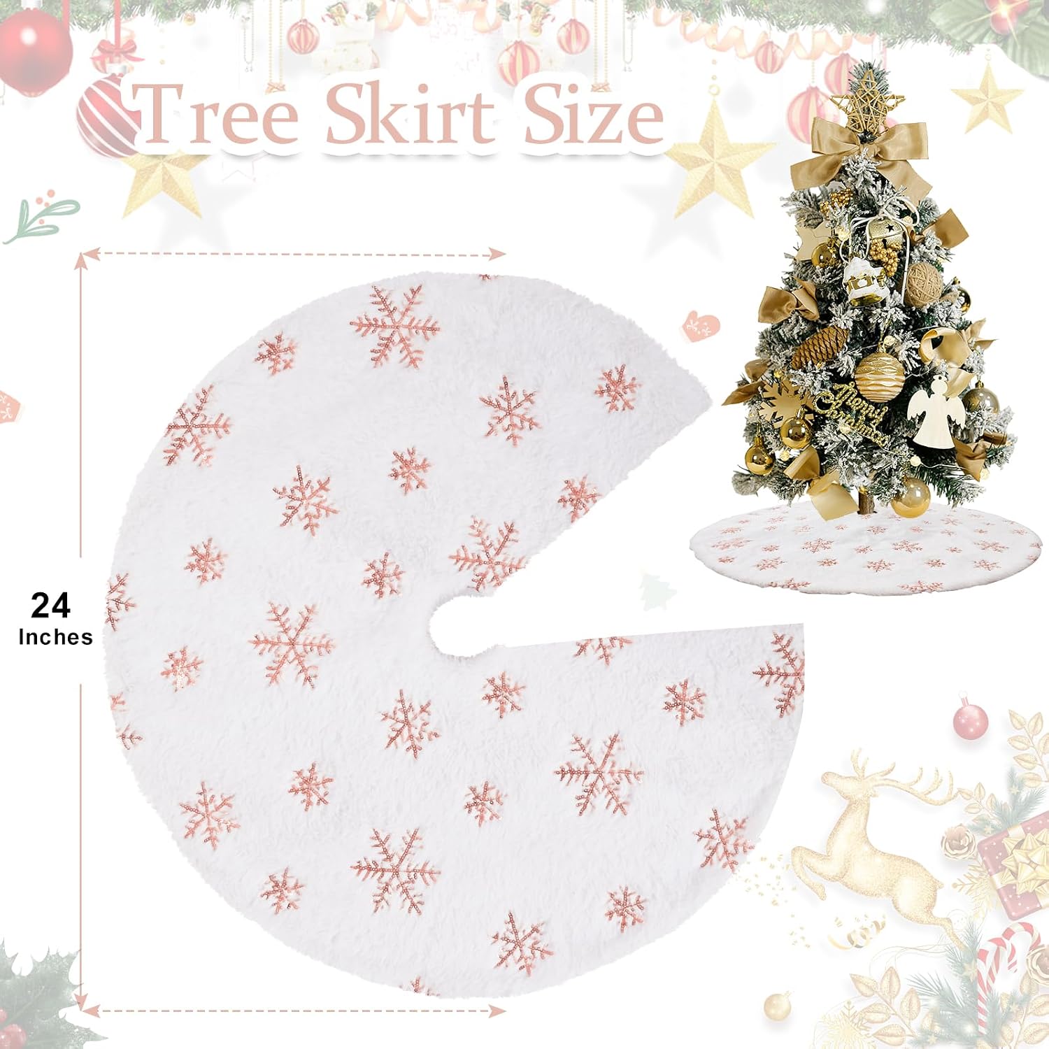 Rose Gold Snowflakes Tree Skirt 24 Inches White Faux Fur Tree Skirts Mini Christmas Tree Skirts Soft Plush Tree Mat for Xmas Tree Decorations