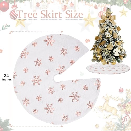 Miniatura 6 de Falda de árbol de copos de nieve de oro rosa de 24 pulgadas, faldas de árbol de piel sintética blanca, mini faldas de árbol de Navidad, tapete de