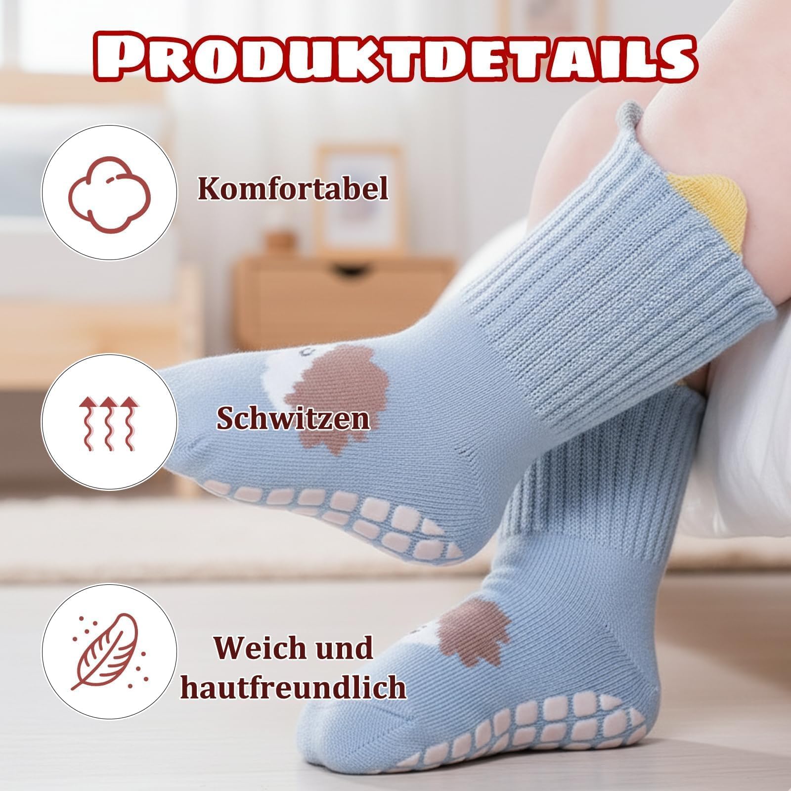 6 Paar Baby Socken 0-6 Monate, Weiche Baumwollsocken Anti Rutsch Socken Baby, Colours Lustige Socken mit Motiv, Antirutschsocken Baby mit Rutschfester Sohle, für Jungen Mädchen Kindersocken