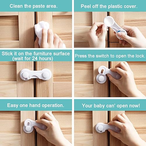 Miniatura 4 de Cerraduras de seguridad infantil para gabinetes (paquete de 10)  Pestillos a prueba de bebés para cajones, asiento de inodoro, nevera, horno, con 10