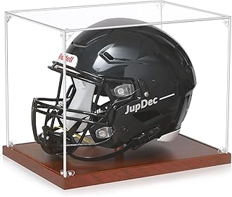 JupDec Football Helmet Display Case, Full Size Acrylic Baseball Motorcycle Helmet Showcase, UV Protection Souvenirs and Collectibles Box with Solid Wood Base & Riser, Ideal Gift for Sports Enthusiast