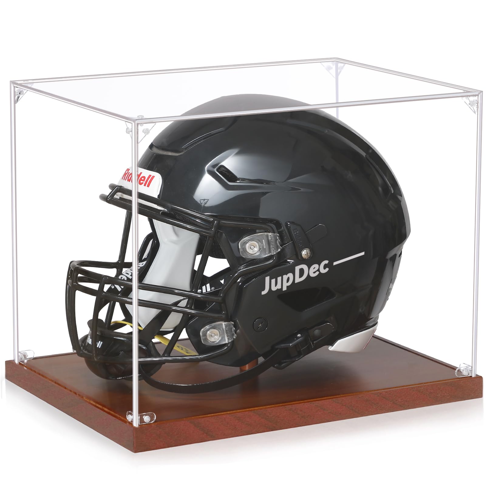 JupDec Football Helmet Display Case, Full Size Acrylic Baseball Motorcycle Helmet Showcase, UV Protection Souvenirs and Collectibles Box with Solid Wood Base & Riser, Ideal Gift for Sports Enthusiast