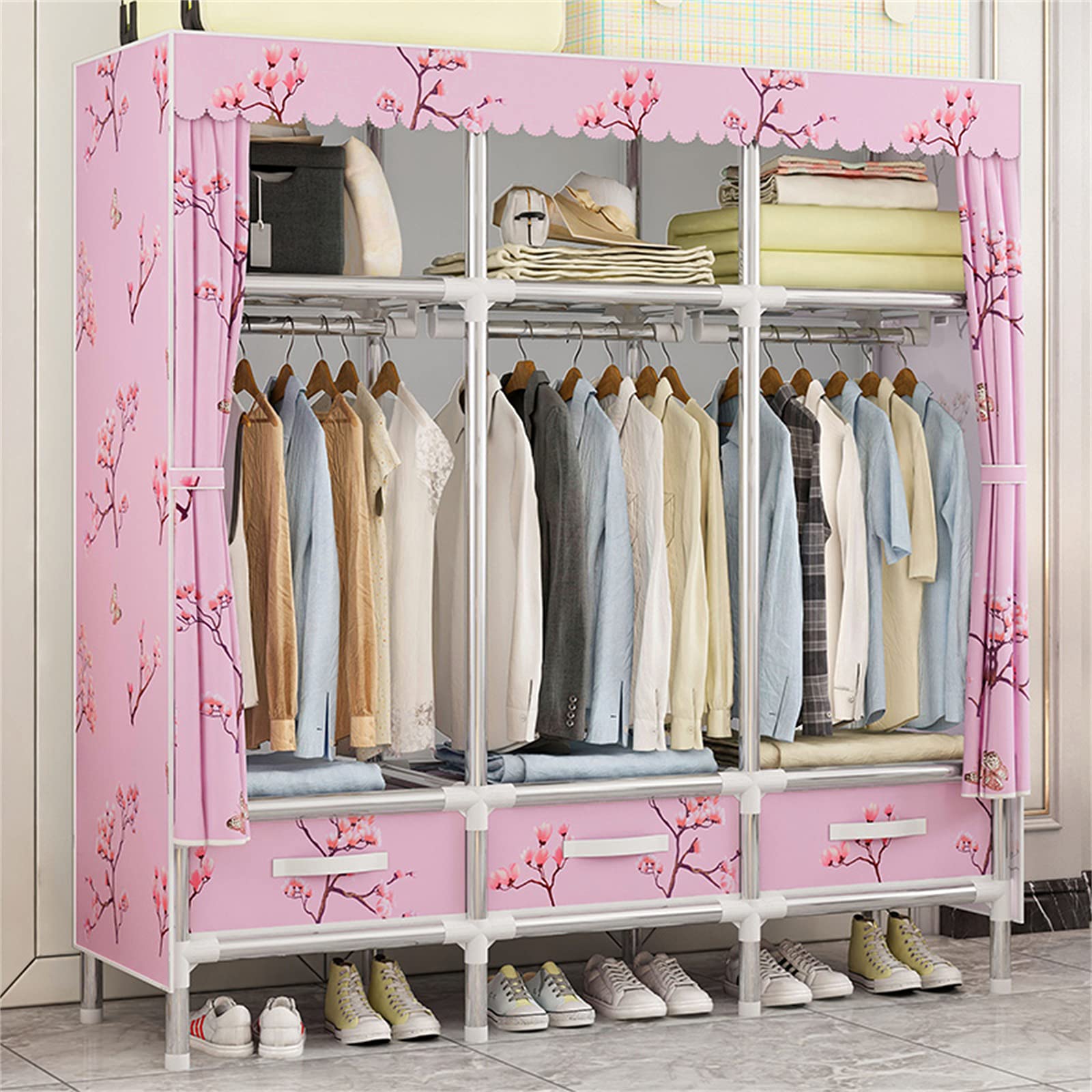 Tragbarer Kleiderschrank, Einfachheit, offener Kleideraufbewahrungs-Organizer mit Kleiner Schublade, Spielzeug, Unterwäsche, Schuhe (Größe: 150 x 170 x 45 cm, Farbe: C)