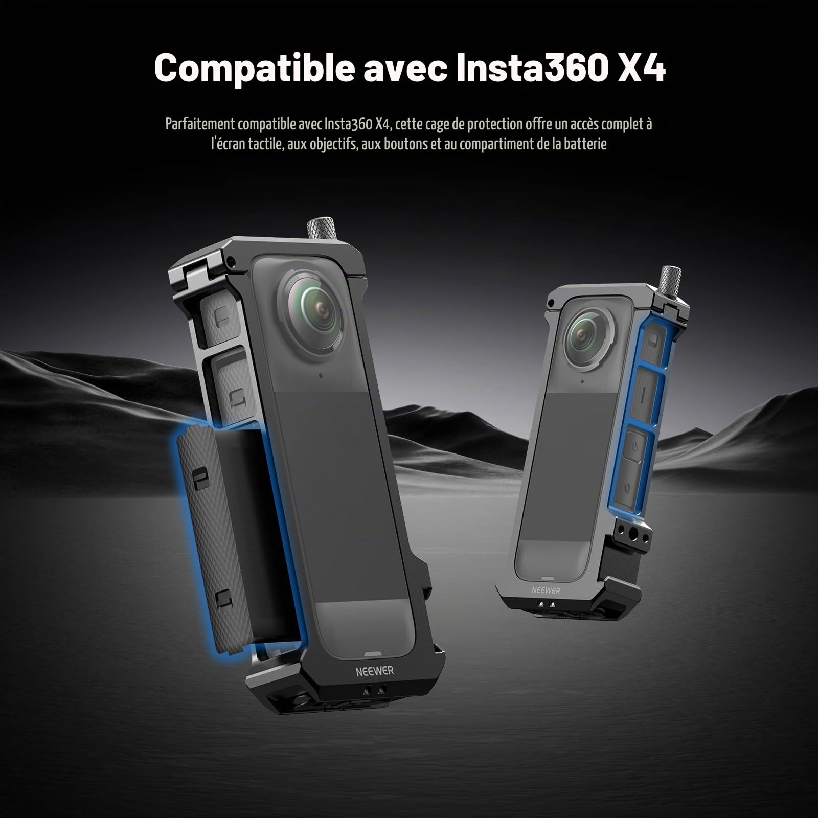 NEEWER Cage de Protection Compatible avec Insta 360 X4 Insta360 X4 Caméra d'action,Support Vidéo en Alliage d'Aluminium avec Fixation Rapide, Adaptateur de Montage,Filetage 1/4",Bouchon d'Objectif