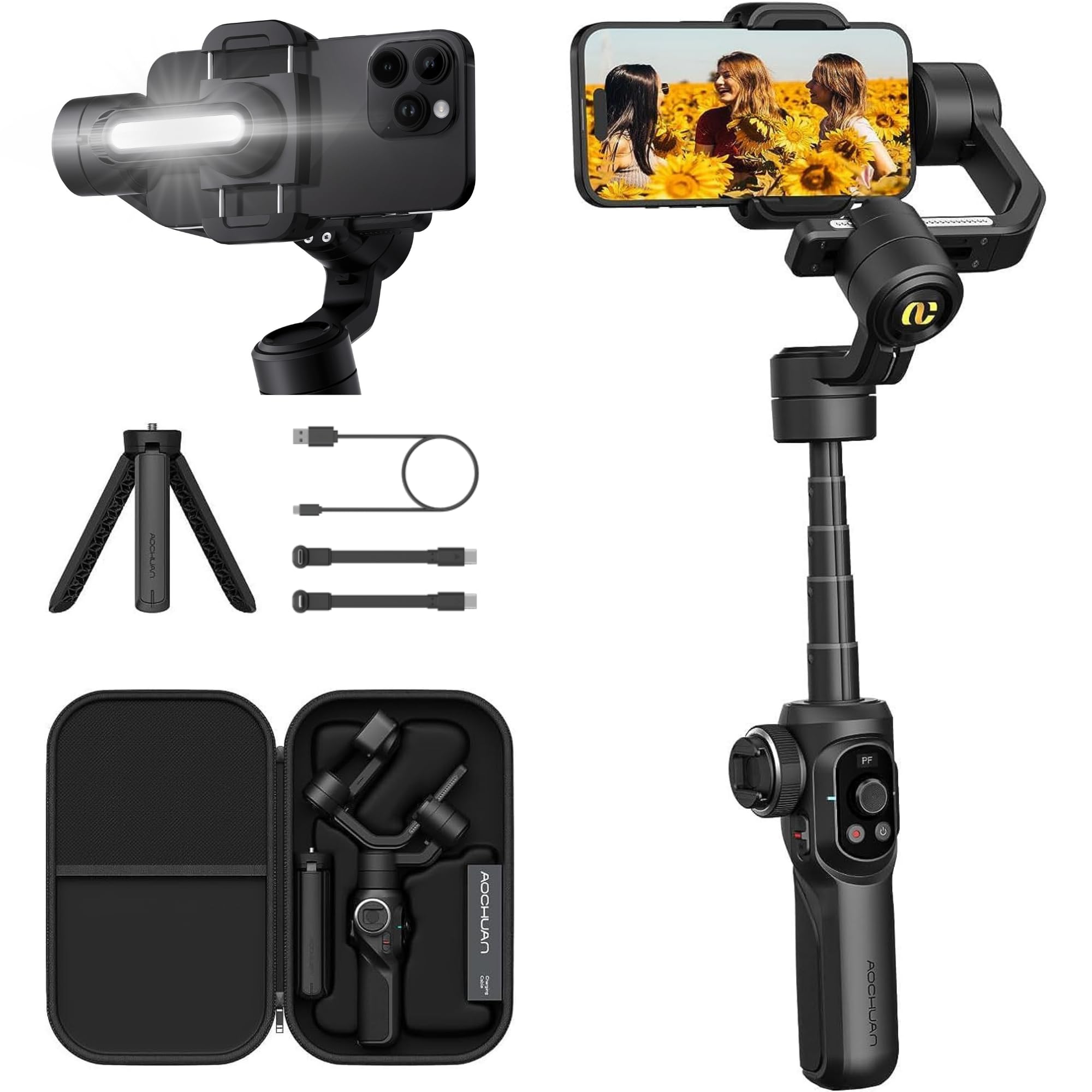 AOCHUAN Smart S2 Gimbal Stabilizer for Smartphones - 3-Axis Professional Gimbal Stabilizer - Extendable Rod, Microphone and Fill Light - Perfect for iPhone Android Vlogging, TikTok, and YouTube Videos