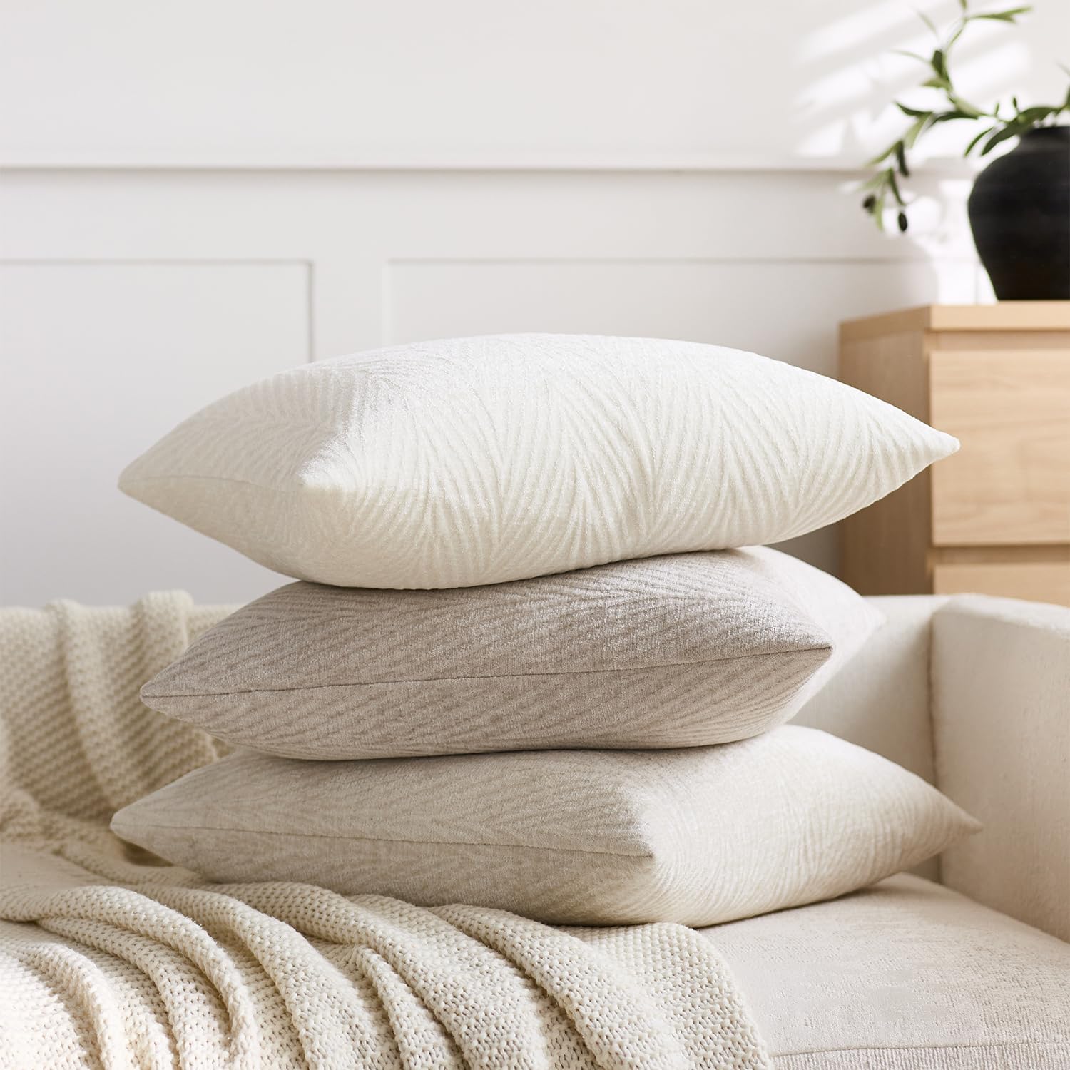 Spring Pillow Covers 22x22 Inch Set of 2, Soft Decorative Throw Pillow Covers with Leaves Texture, Hidden Zipper for Home Sofa Bed Couch (Beige, 22" x 22" (Pack of 2))