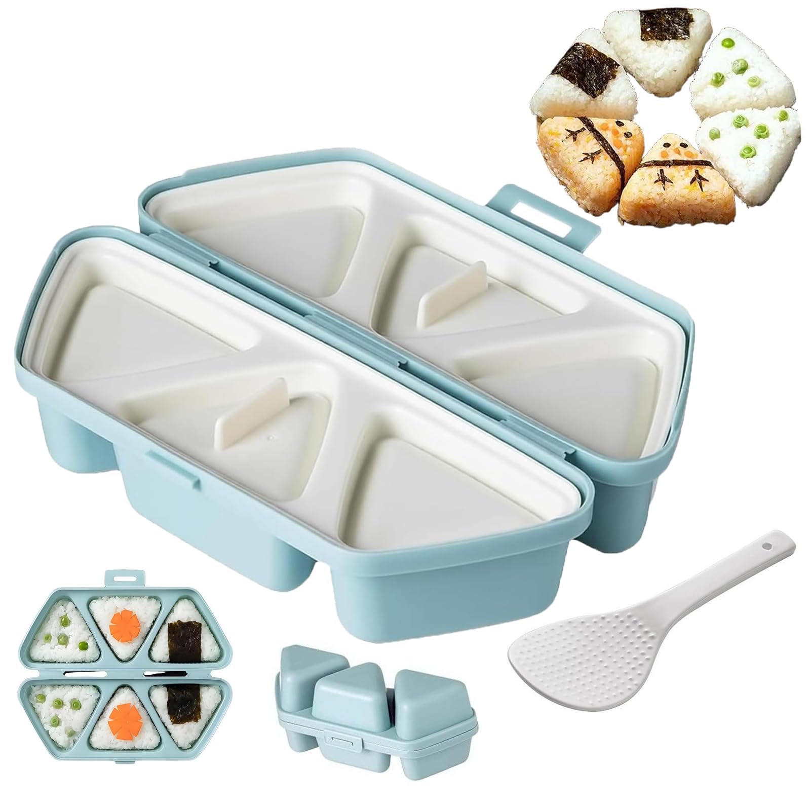 OUWEWIN 6 in 1 Onigiri Mould, Non-Stick Onigiri Mold with Spoon DIY Triangle Sushi Mould and Heart Mould for Lunch Box, Picnic, Cooking Seaweed Cilantro Rice Balls