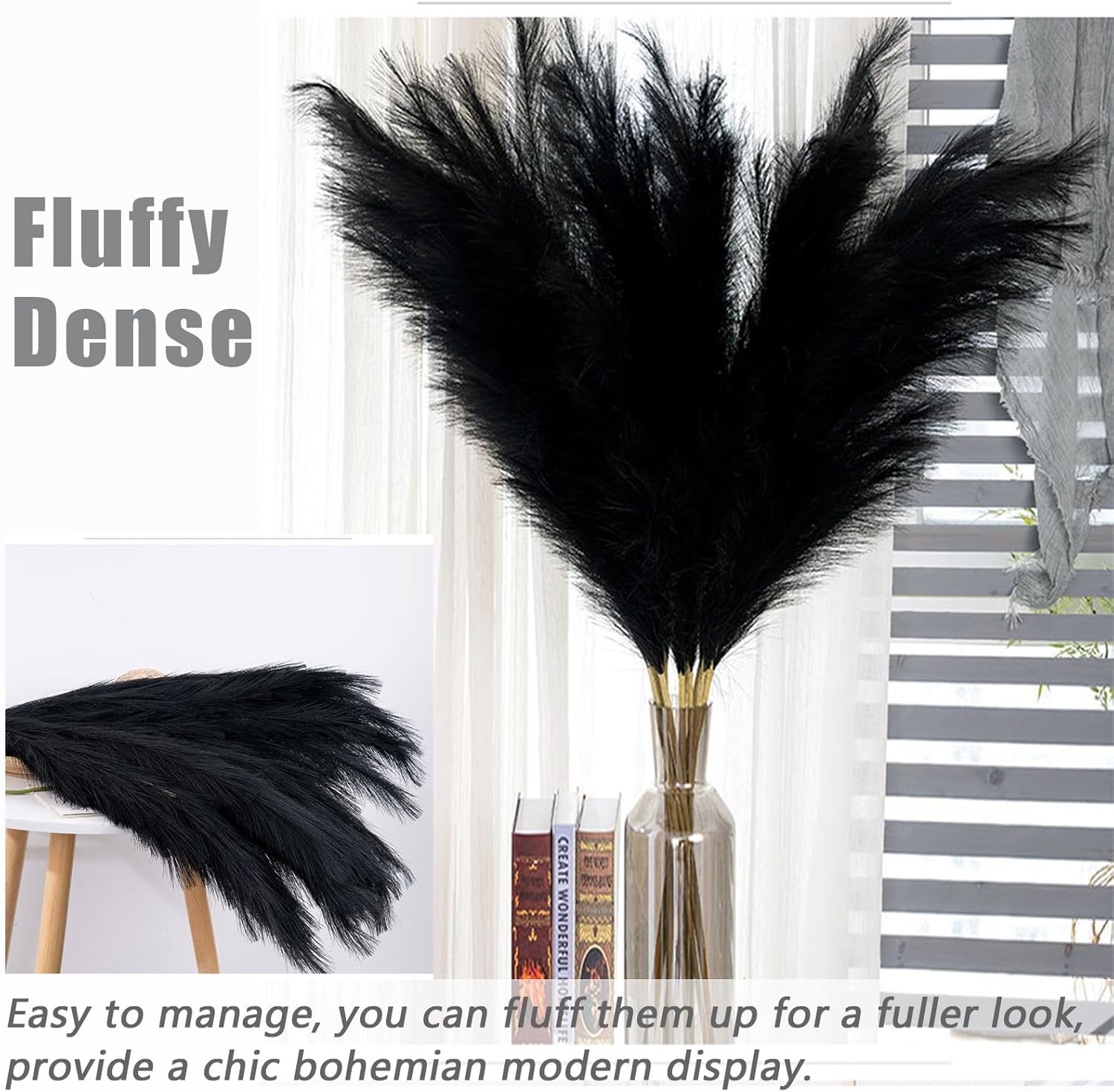 38" Faux Pampas Grass Decor Black & Pink - Artificial Pampas Grass Small Pampas Grass Fluffy Pompas Floral Arrangement