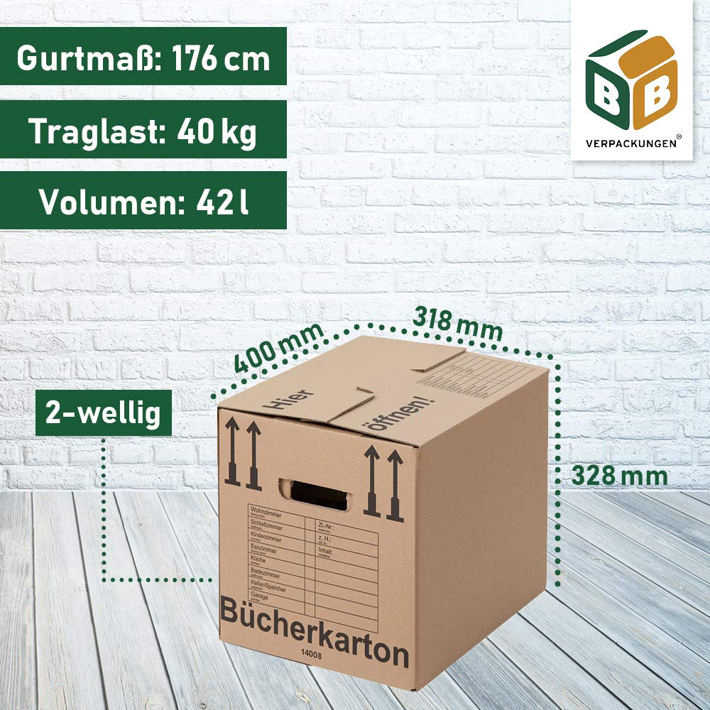 BB-Verpackungen 100 x Carton à livres Compact 400 x 330 x 340 mm (stable, cannelure double, fond double, cartons à dossiers en papier recyclé) - Sets entre 5 et 300 unités