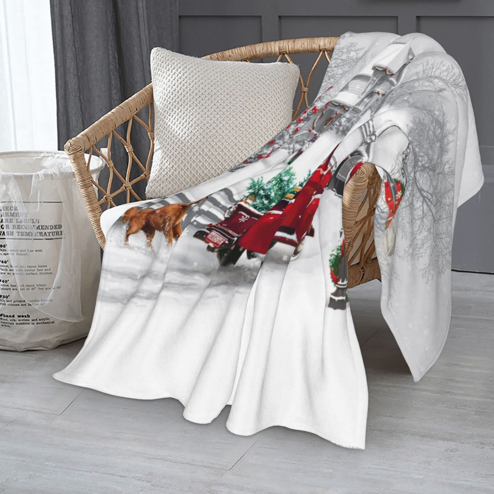 JOOCAR Christmas Throw Blanket Winter Holiday Snow Red Truck and Dog Fannel Blanket Soft Plush Warm Throw Blanket for Bed Couch Living Room Sofa Chair(White - Image 2