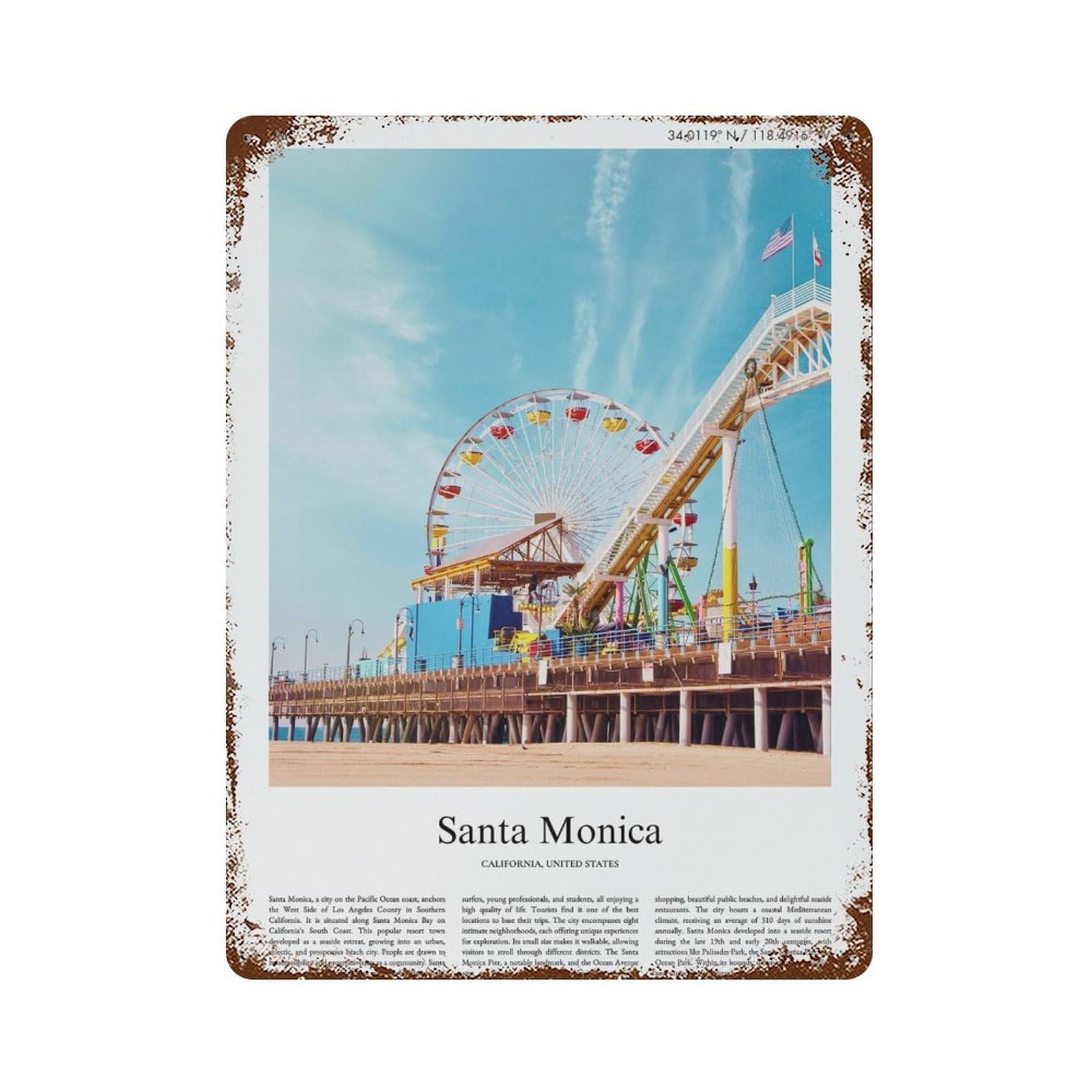 xiaoxiaoshen Santa Monica California, United States, USA City Scenery Wall Decor Art Metal Tin Poster Modern Home Decor Art Home Bar Shop Decorations Vintage Sign 40x30cm