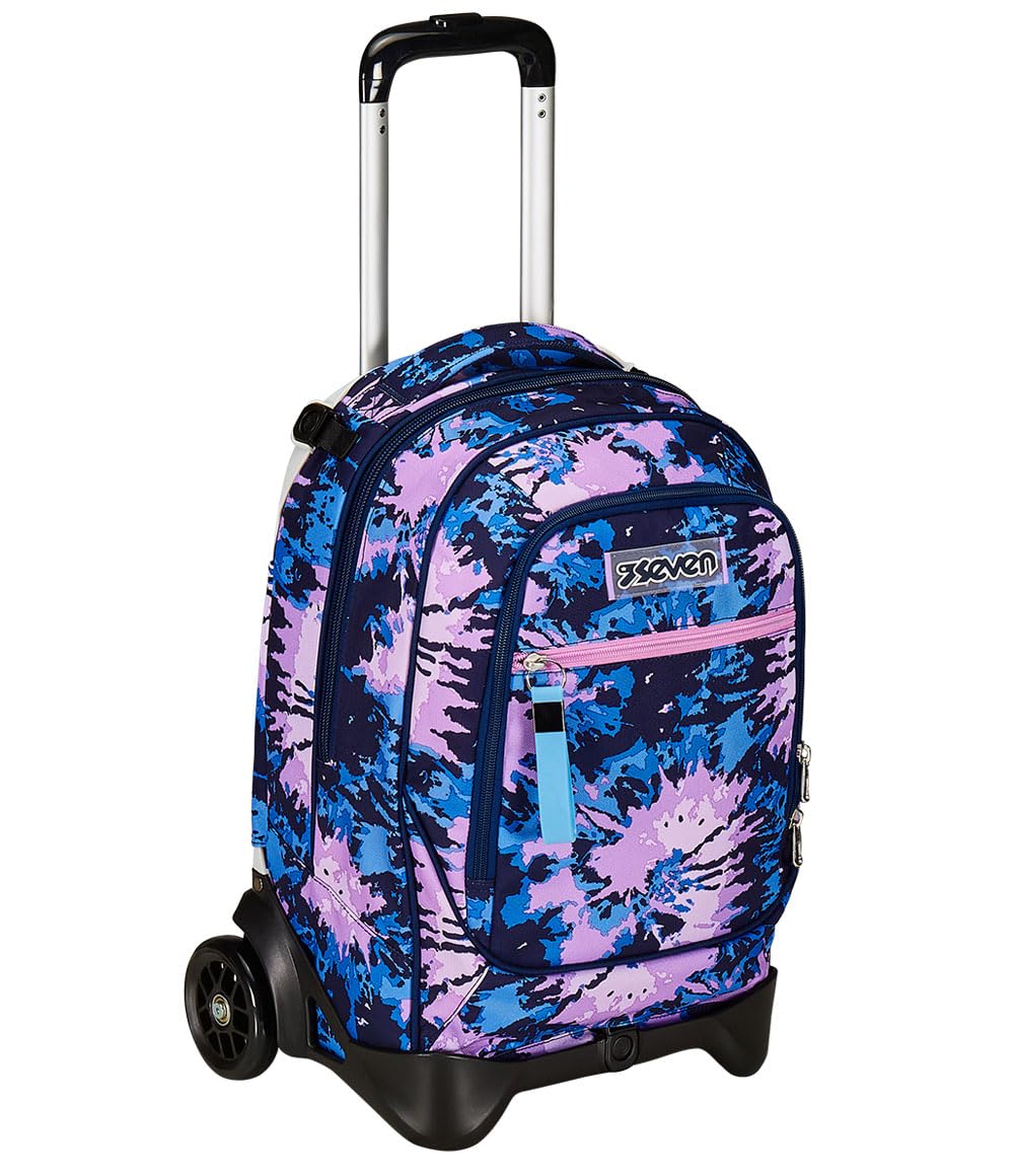 Seven Trolley New Tech, 2 Ruote, Tie & Dye, Viola, 3 in 1, Triplo Uso, Zaino con carrello sganciabile, Zaino Scuola Viaggio, Bambina Ragazza.