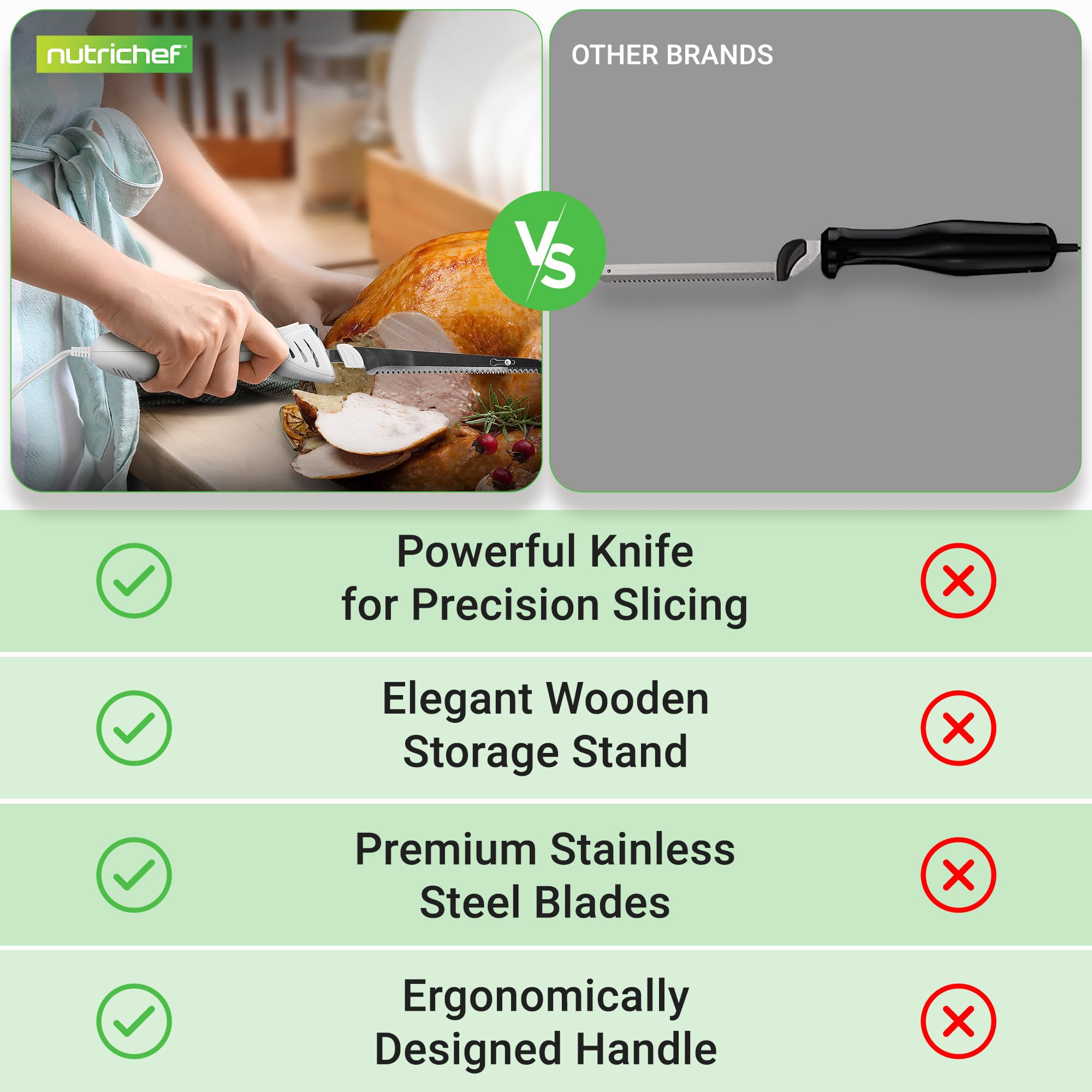NutriChef Electric Carving Turkey Slicer Kitchen Knife | For Thanksgiving | Portable Electrical Food Cutter Knife Set with Carve Blades & Wood Stand | Cuts Meat, Bread, Cheese & Fruit | White — Amazon image 7