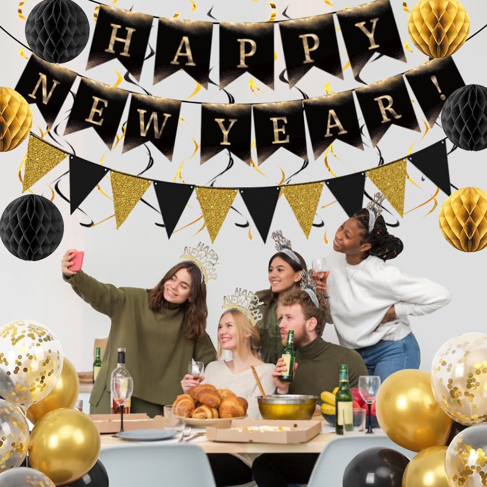 Happy New Year Eve Party Supplies 2026– Complete New Years Decorations Set with Happy New Year Banner, Black & Gold Triangle Flag, Headbands, Hanging Swirls, Honeycomb Balls & Balloons - Image 7