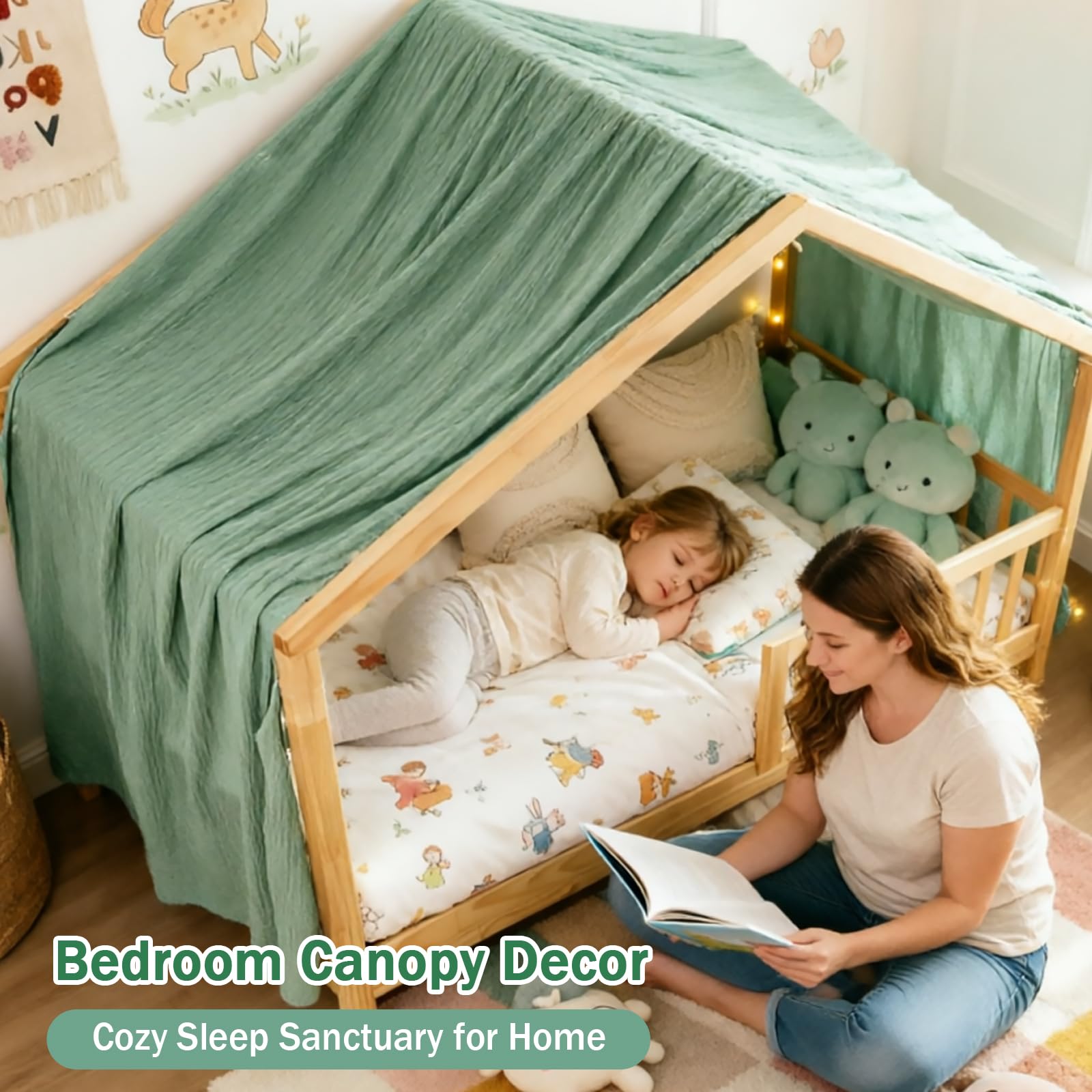 Baldachin aus 100% Baumwolle für Kinderzimmer Betthimmel für Hausbett & Kinderbett Himmelbett Vorhänge als Deko für Mädchen & Jungen platzsparend für kleine Räume (Grün, H360 x B135 cm(1er Pack))