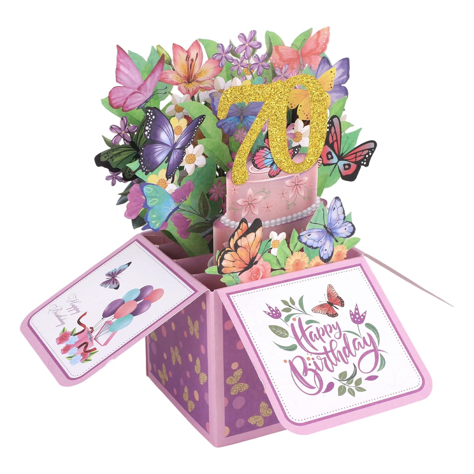 70th Happy Birthday Pop Up Card, Flower & Butterfly Happy Birthday 3D Greeting Box with Envelope for Women Wives Mothers