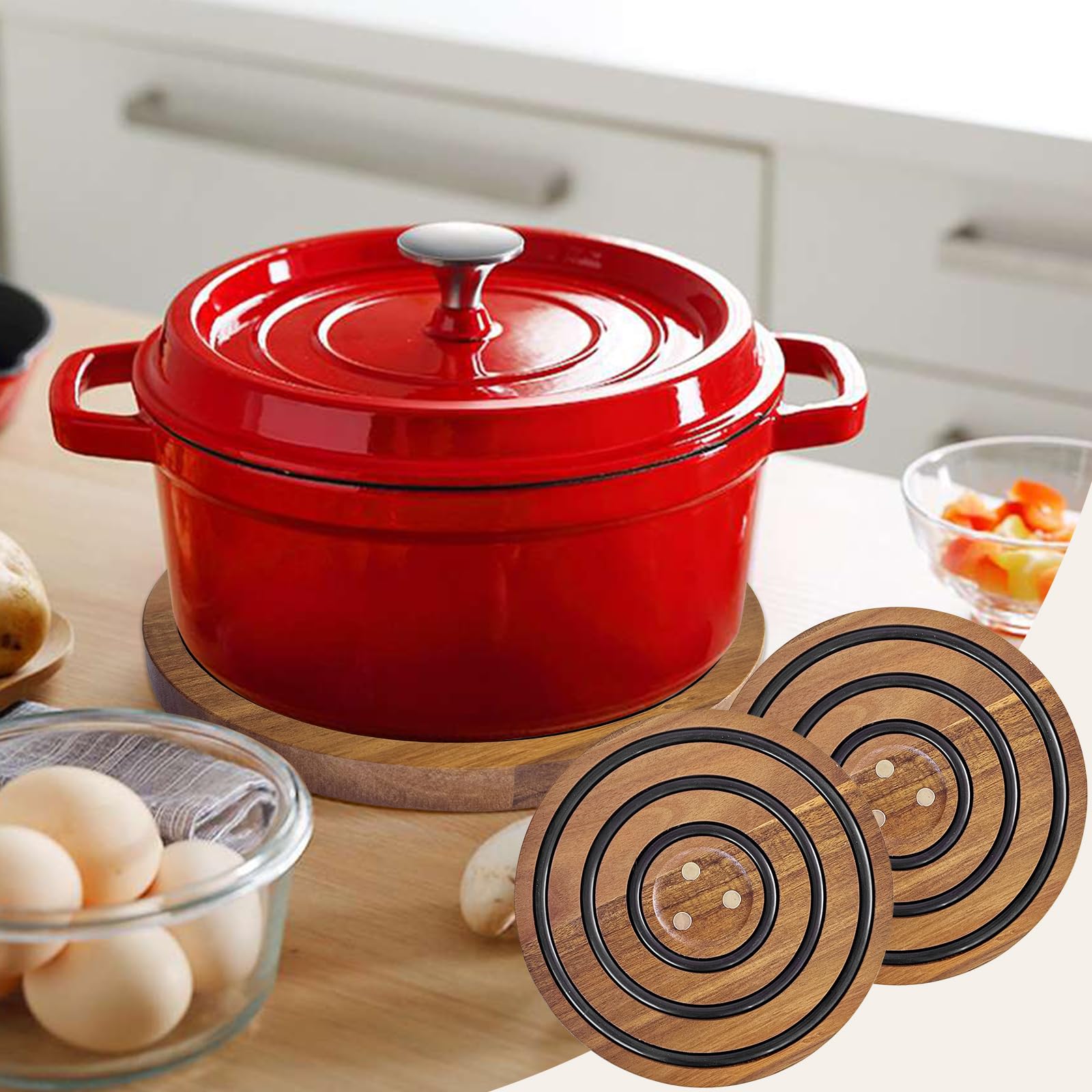 Magnetische Untersetzer aus Holz für heiße Töpfe und Pfannen, hitzebeständiger Untersetzer aus Akazienholz mit gepolsterten Silikonstreifen für Le Creuset Dutch Ovens heiße Gerichte und Töpfe,