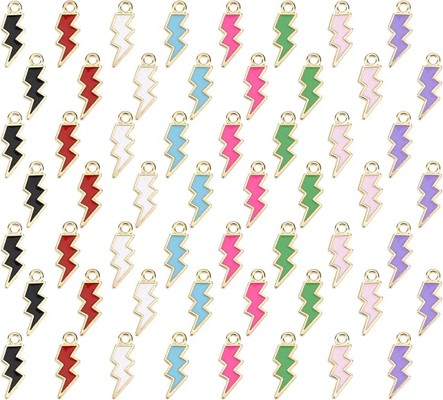 PandaHall 80pcs Lightning Bolt Charm Enamel Pendants, 8 Colors Light Gold Plated Alloy Thunder Lightning Bolt Flash Shape Charm for Keychain Keyring Jewellery Making, 20X7mm Hole:2mm
