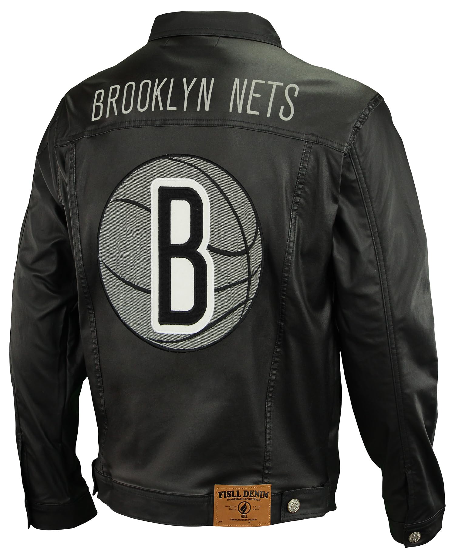 FISLL NBA Men's Black Waxed Denim Jacket with Team Logo - Brooklyn Nets, Large