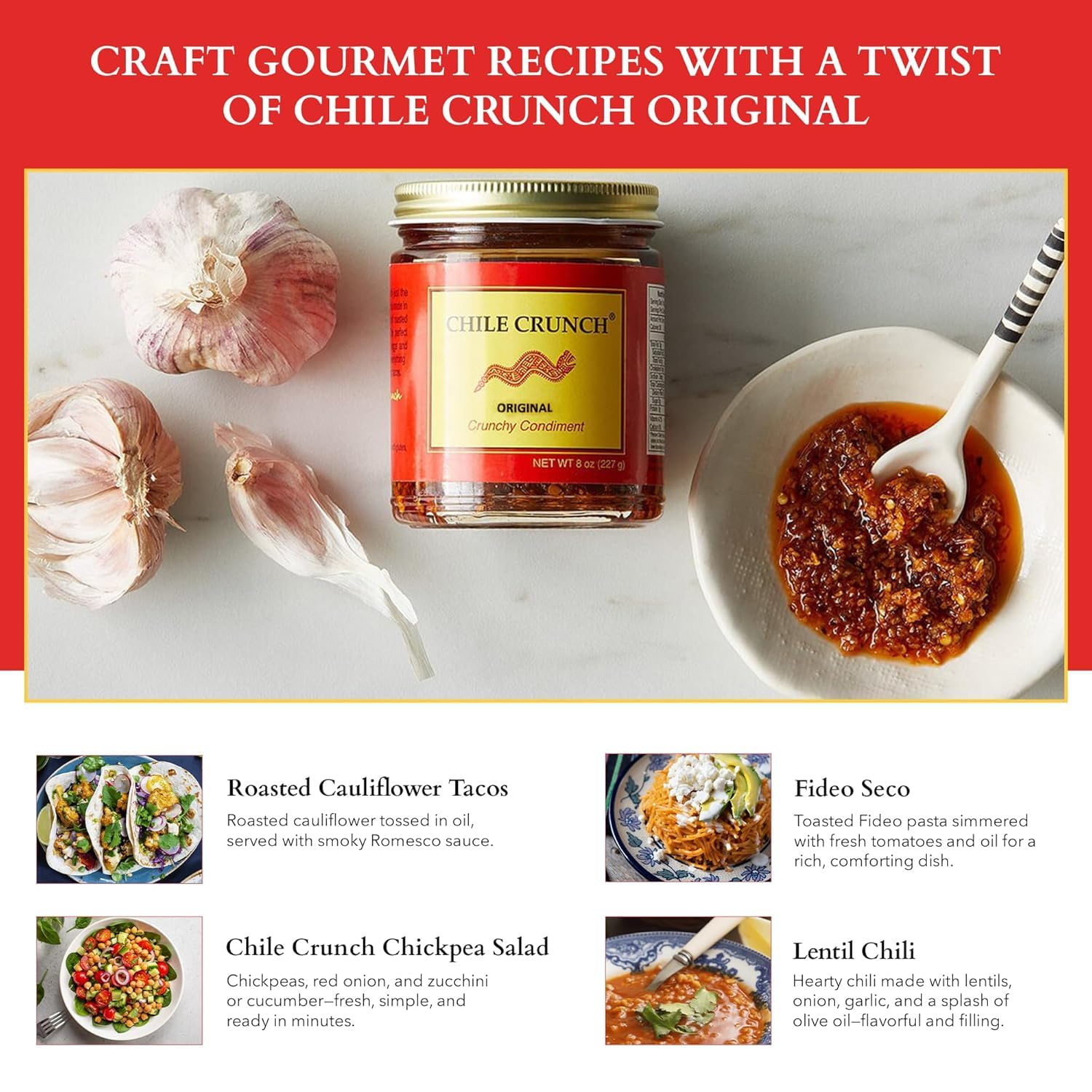 CHILE CRUNCH - Original Spicy Crunchy Condiment - All Natural Roasted Chili Peppers, Garlic & Onion Crisp Sauce - Vegan, Gluten-Free, No Preservatives - Homemade Authentic Mexican Recipe 5.5oz (4 Pack)