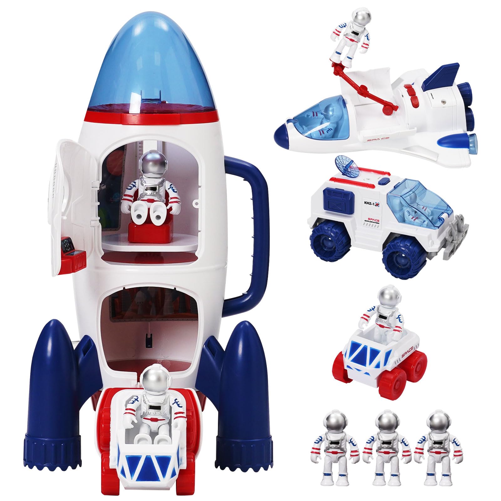 YULEYU Spaceship Toy Set with Lights & Sound for Boys Girls, including 3 Astronauts Figure, 1 Space Rocket, 2 Space Rover, 1 Shuttle, Astro Venture Playset 10 Pcs (2) (10 Pcs)