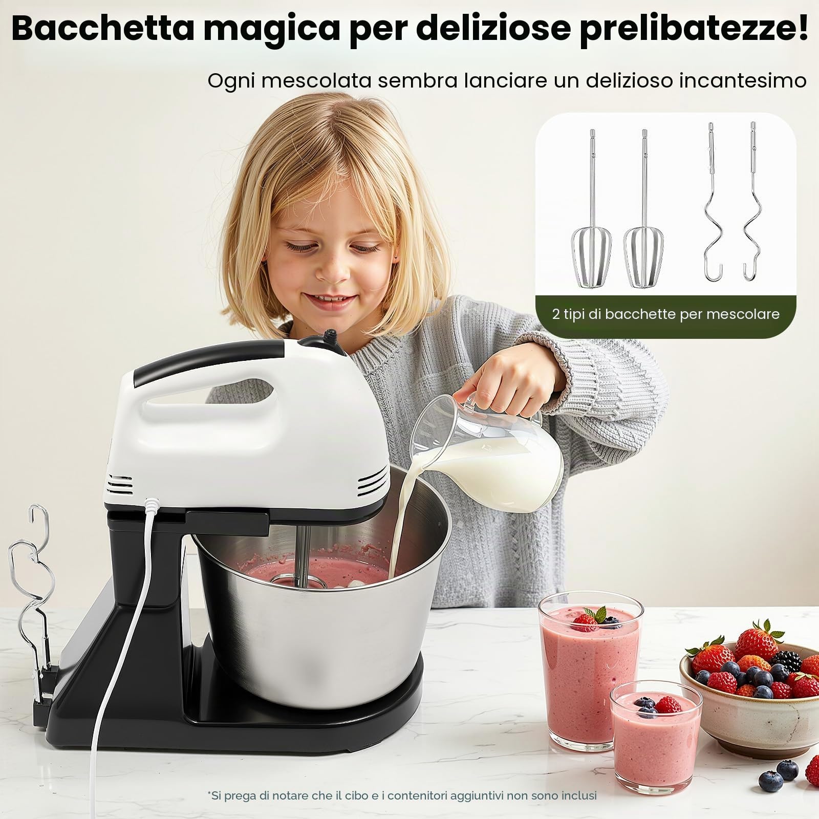 Macchina da cucina da 100 W, impastatrice con ciotola in acciaio inox da 1,7 l, 7 velocità, con 2 frullatori, robot da cucina per impasto del pane