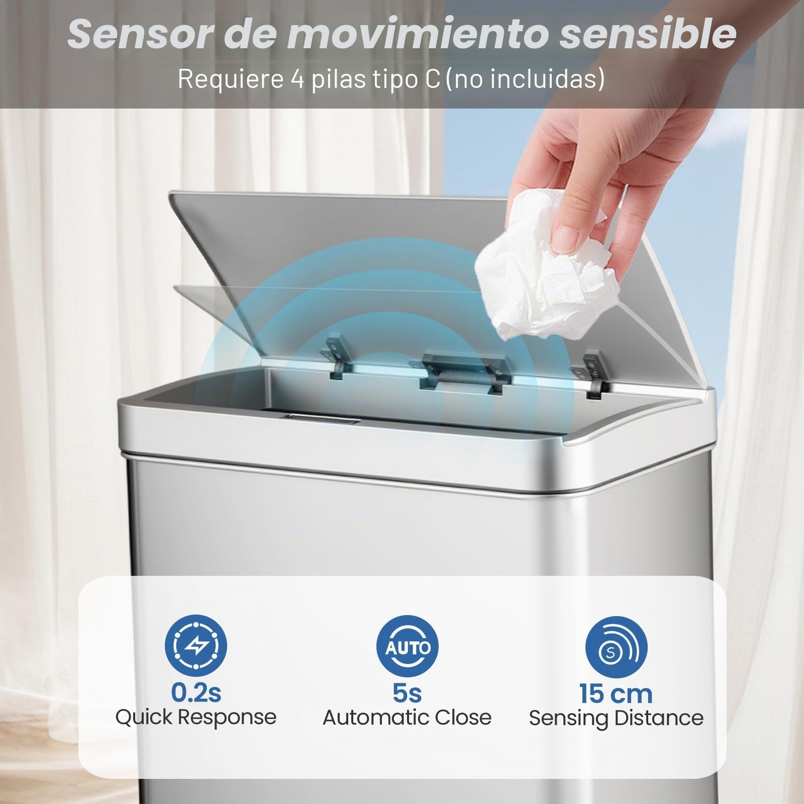 LIFEZEAL 56L - Papelera de Acero Inoxidable con Sensor, Cubo de Basura con 2 Bandejas Extraíbles y Tapa de Mantenimiento Abierto y Cierre, Sin Contacto para Interior, Cocina, Salón (Plata)