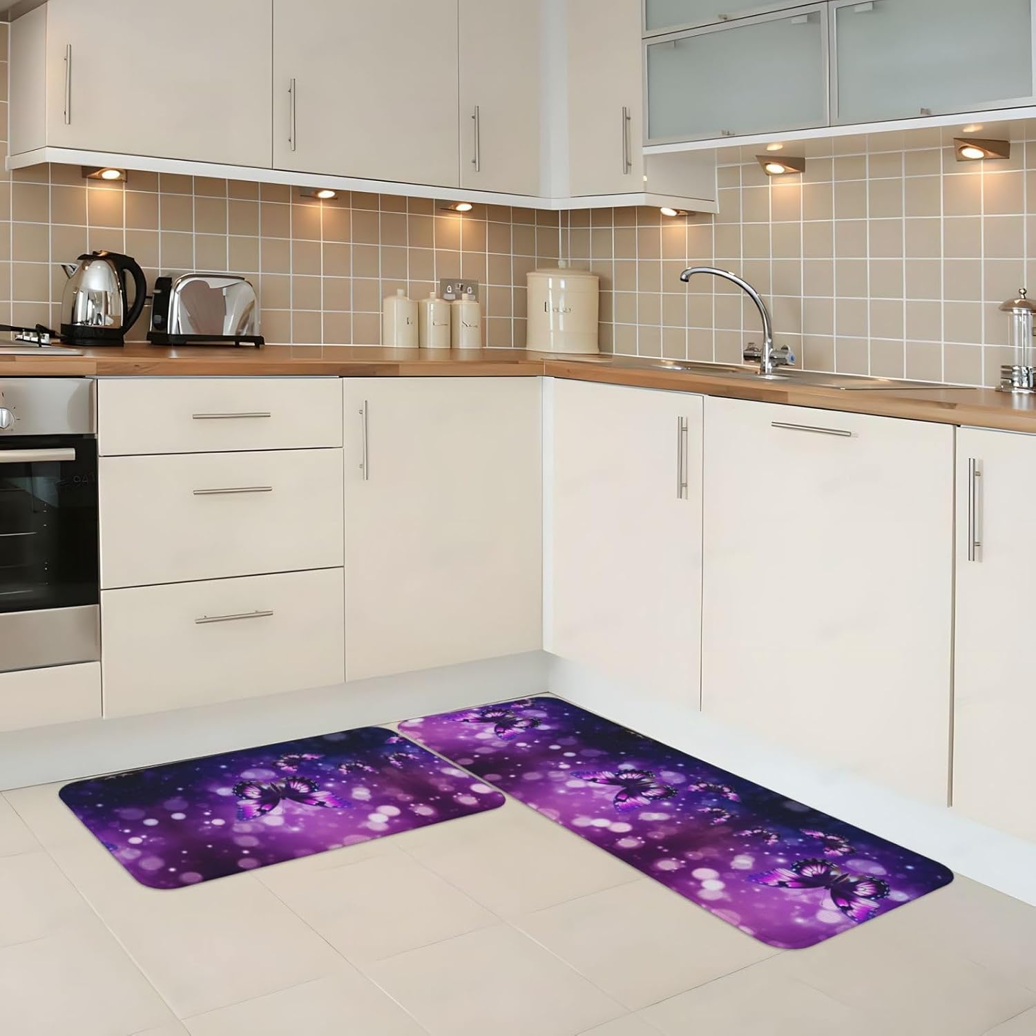 Purple Butterfly Print Kitchen Floor Mat 2 Sets Vibrant Designs for Stylish and Functional Floors