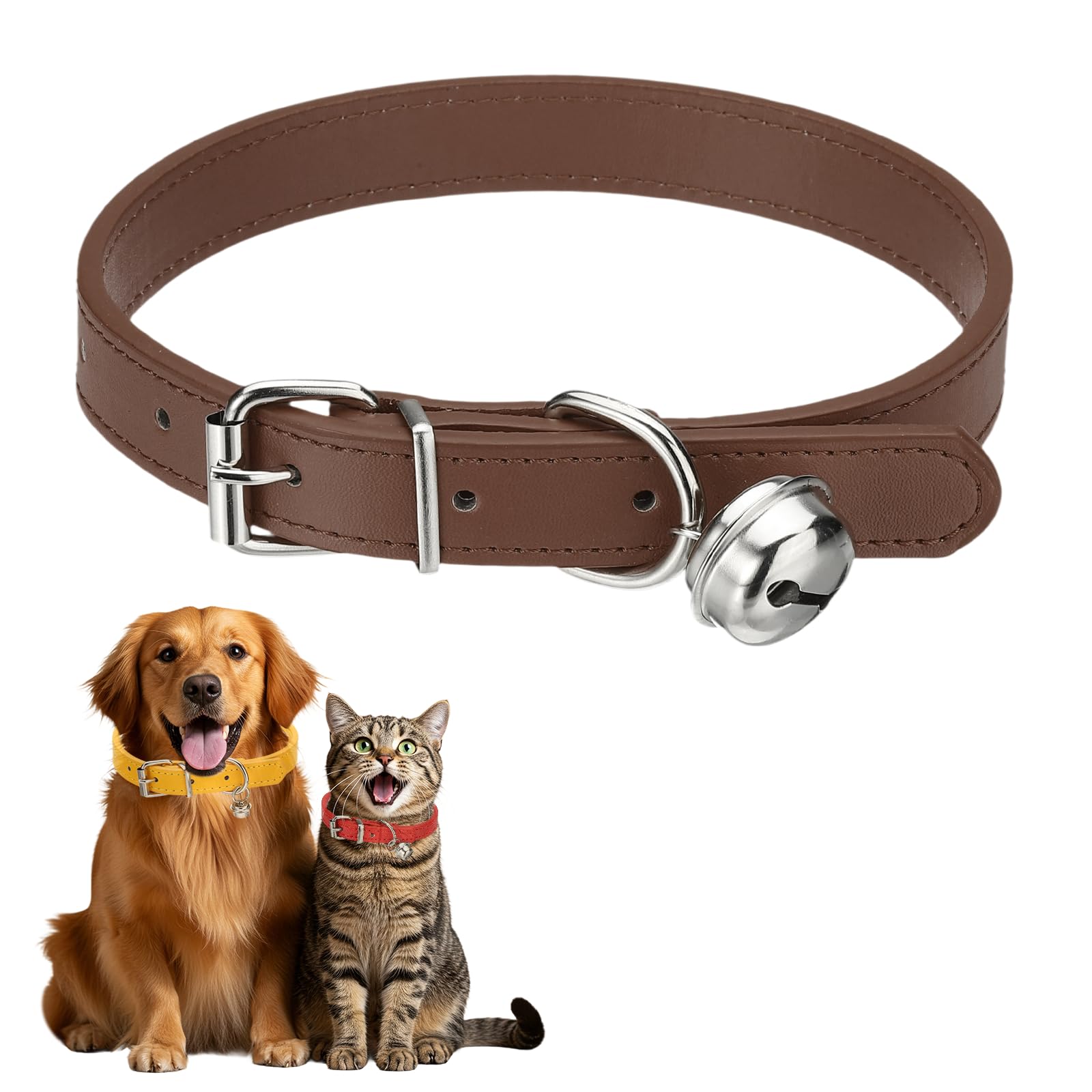 sourcing map Dog Collar with Bell, Pu Leather Cat Collars Pet Basic Soft Padded Adjustable Buckle, 20" (Brown, 1 Pcs), Intended for Teacup/Little Dog/Kitten Cats/Small Animals