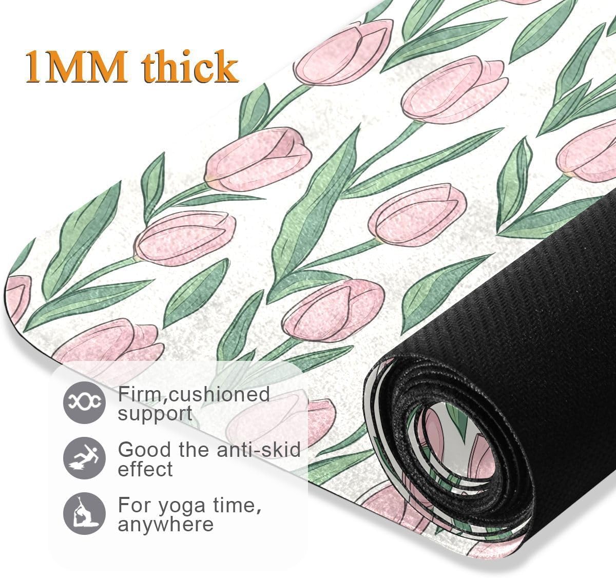 ALAZA Cute Doodle Pink Tulips Romantic Yoga Mat Non Slip Fitness Exercise Mat, Workout Mat for Yoga, Pilates and Floor Exercises