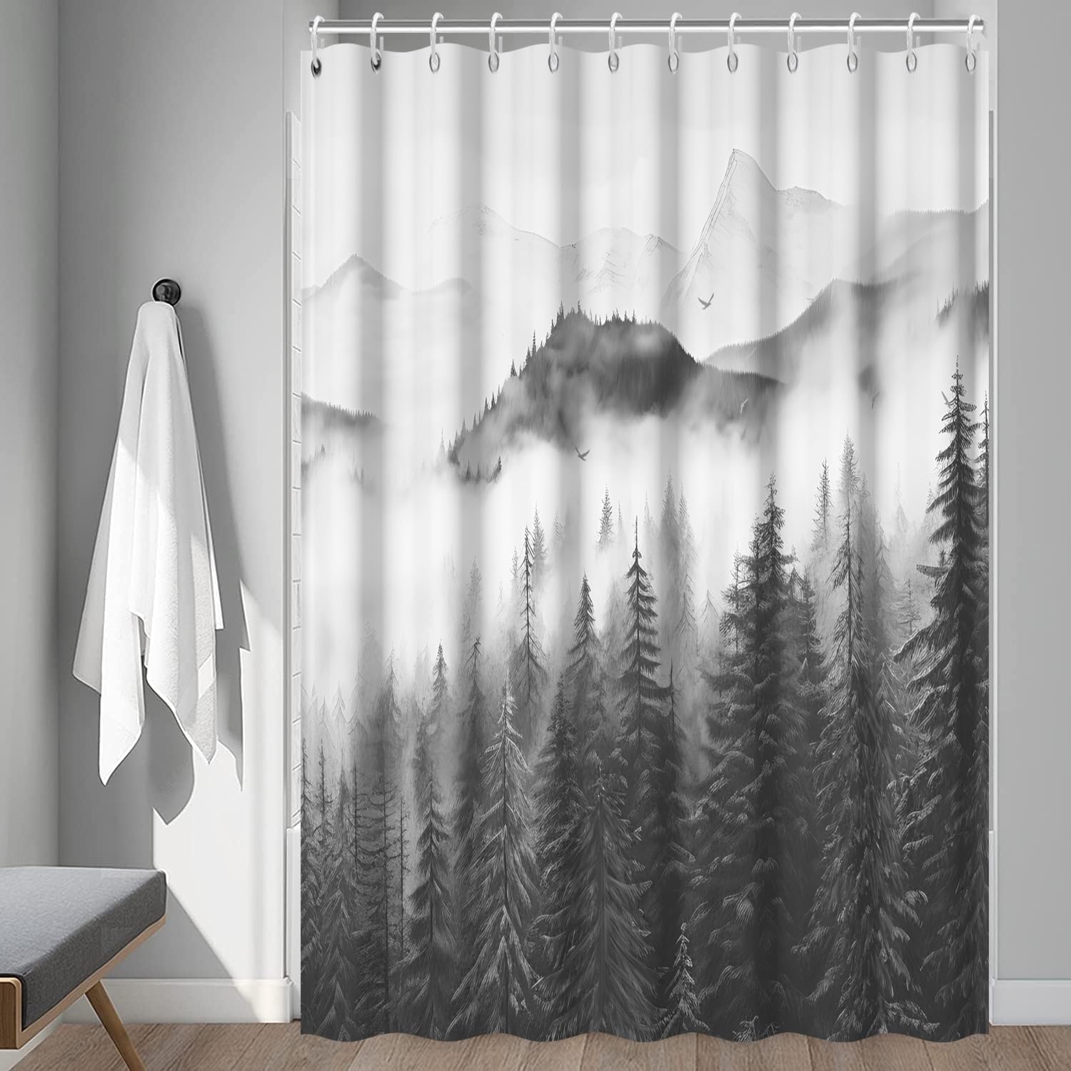 Mountain Shower Curtain, Abstract Grey Misty Forest Shower Curtain Set Waterproof Nature Scenery Gray Bathroom Decor with Hooks, 72x78 Inch