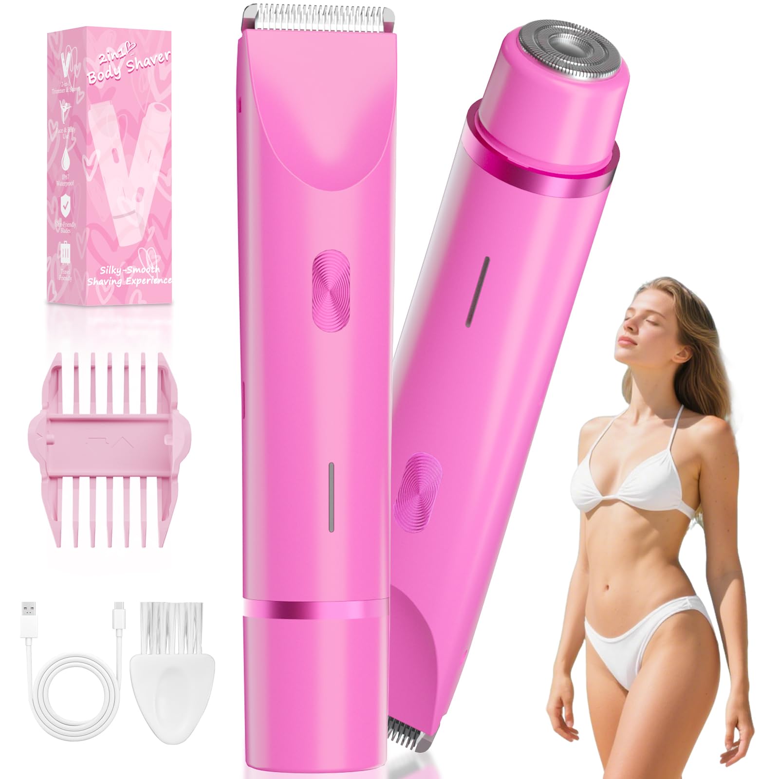 Recortadora de bikini para mujer, maquinilla de afeitar eléctrica 2 en 1 para vello púbico, línea de bikini y cuerpo, afeitadora de doble extremo, recargable por USB-C, IP67, diseñada para