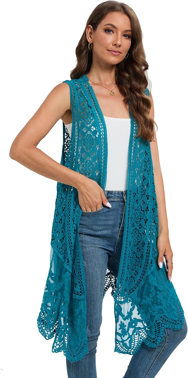 Sheer Cardigan Crochet Sleeveless Cover Up Mesh Patchwork Hippie Vest - Image 5