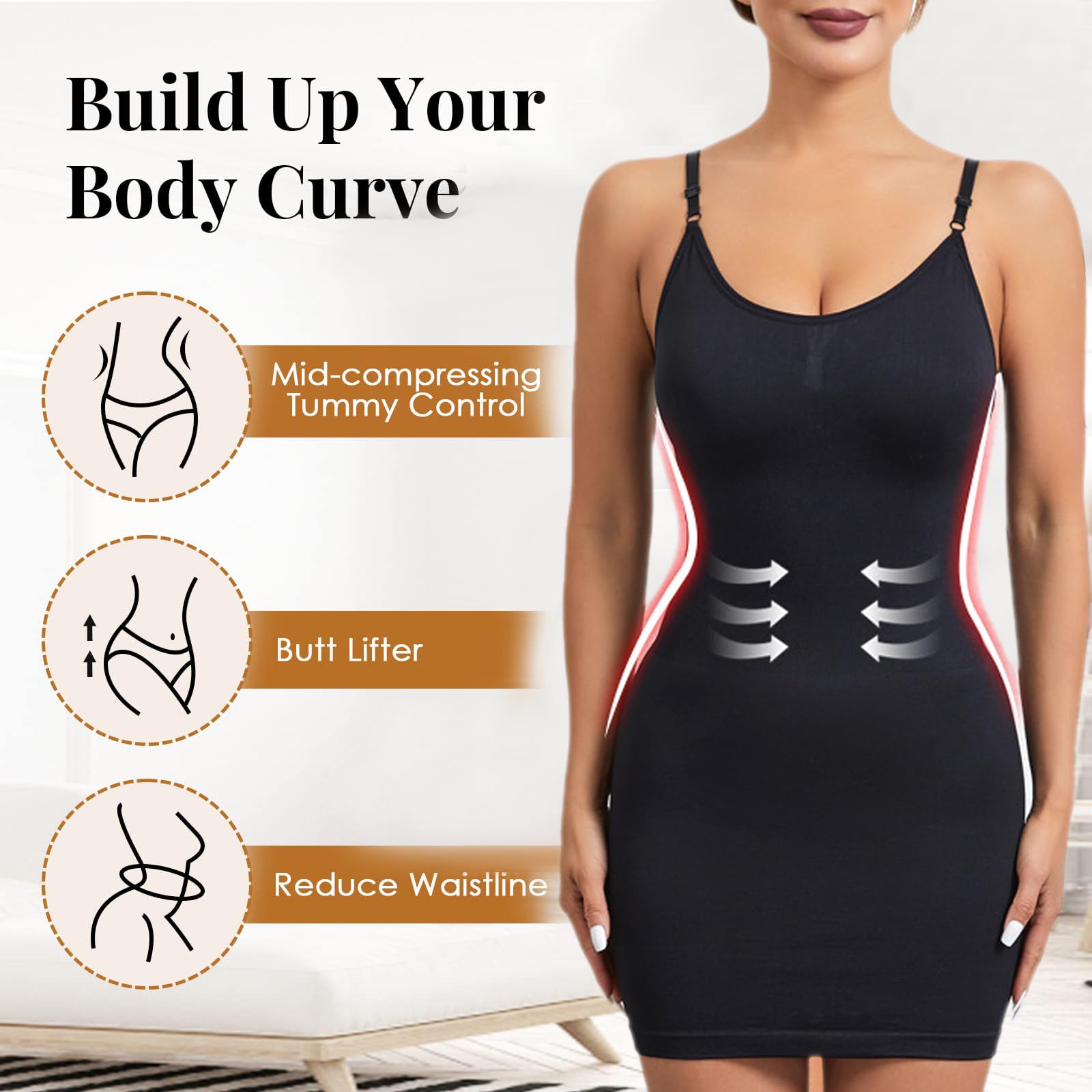 Damen Miederkleid Bauchweg Formend Unterkleid Shapewear Minikleid Tummy Control Shaping Full Silps Nahtlose Bodycon Spaghettiträger-Kleid Ärmellos Figurformende Unter Kleide