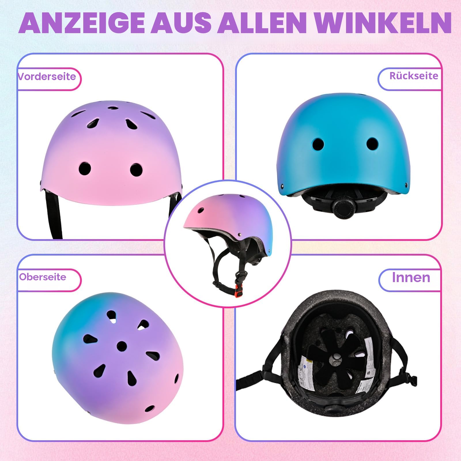 Verstellbarer Kinder Fahrradhelm Skaterhelm für Mädchen Jungen Jugend, Farbe Farbverlauf Kinder Schutzhelme für Multi-Sportarten Fahrrad Skateboard Skaten