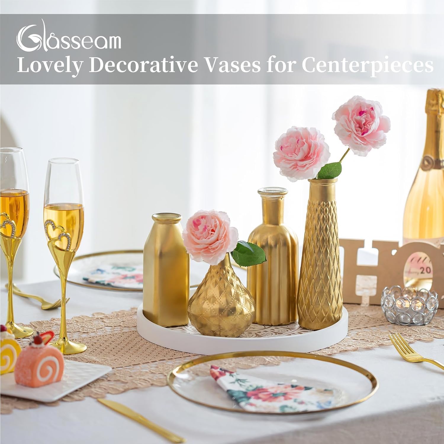 Glasseam Gold Vase for Flowers: Small Glass Vases for Living Room Kitchen Table Centerpieces, 4 Aesthetic Decorative Golden Modern Home Decor for Floral,Gold