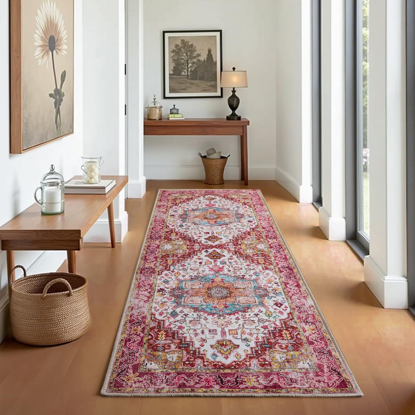 Runner Rug 2x6, Machine Washable Vintage Non-Slip Area Rug, Low Pile, Decorative Carpet Printed Floral Rugs for Living Room, Entryway, Kitchen, Bedroom, Plum