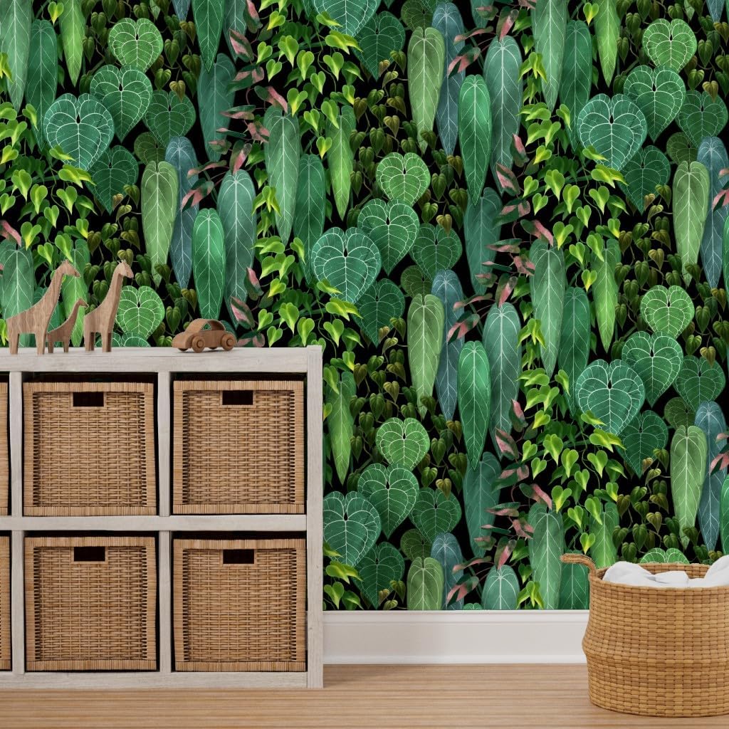 Peel & Stick Wallpaper 3ft x 2ft - Tropical Plants Jungle Vines Rainforest Green Leaves Custom Removable Wallpaper by Spoonflower