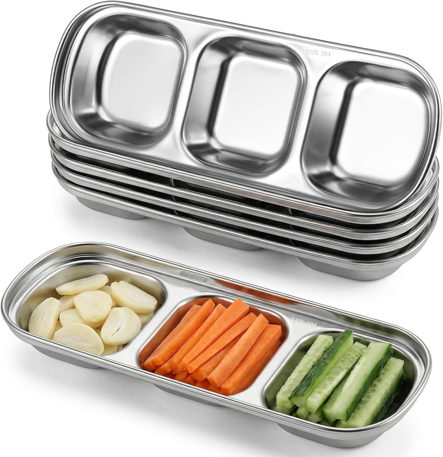 10 Pcs Soy Sauce Dish Stainless Steel Divided Dip Bowls, 3 Compartment Plates