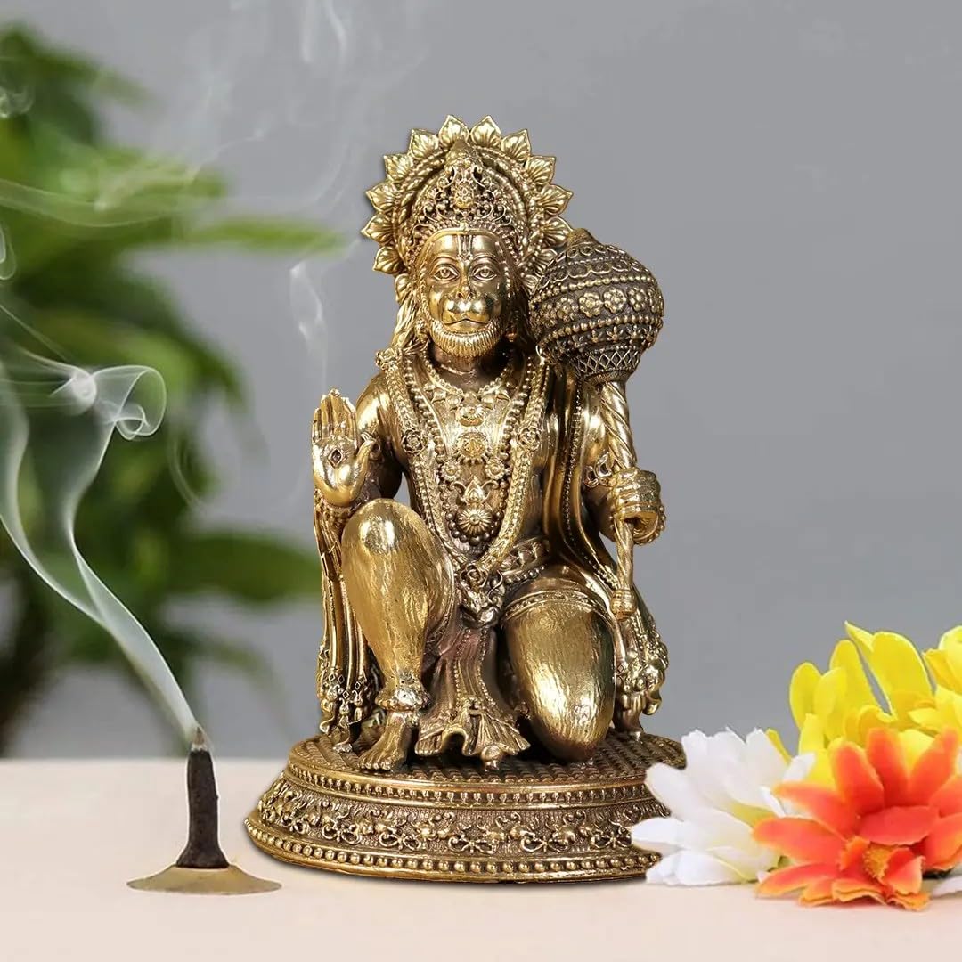 Exotic India Superfine Blessing Lord Hanuman mosiężna statuetka | Bajrangbali Idol Murti Moorti statuetka do pokoju świątyni Puja, wystrój domu