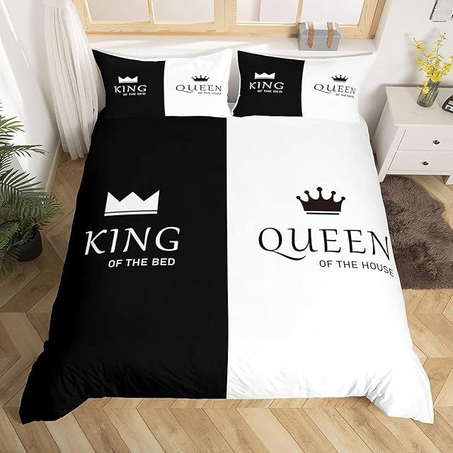 Loussiesd Crown Queen and King Comforter Cover His and Hers Matching Couple Bedding Set Lover Romantic Valentine's Day Presents Duvet Cover Black and White Bedding & Linen Bedclothes Double Size