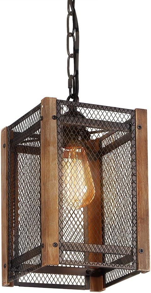 Anmytek Metal Nets Shade Pendant with Wooden Frame 1 Light Metal Cage Chandelier Anitque Rustic Loft Style Home Decorative Lighting Fixture Black Painted Finishing Hanging Lamp