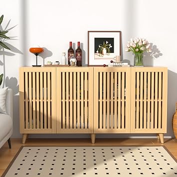 63" Buffet Cabinet with Storage, Large Sideboard Kitchen Cabinet with 4 Doors, Mid Century Modern Accent Credenza Storage Wood w/Legs for Living Room, Entryway, Hallway - Light Wood